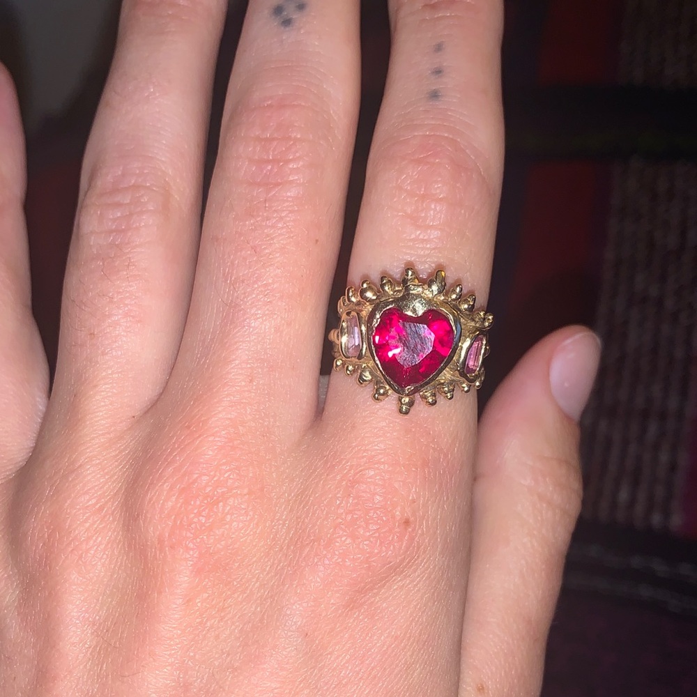 Gold Heart Ring with Red Gemstone
